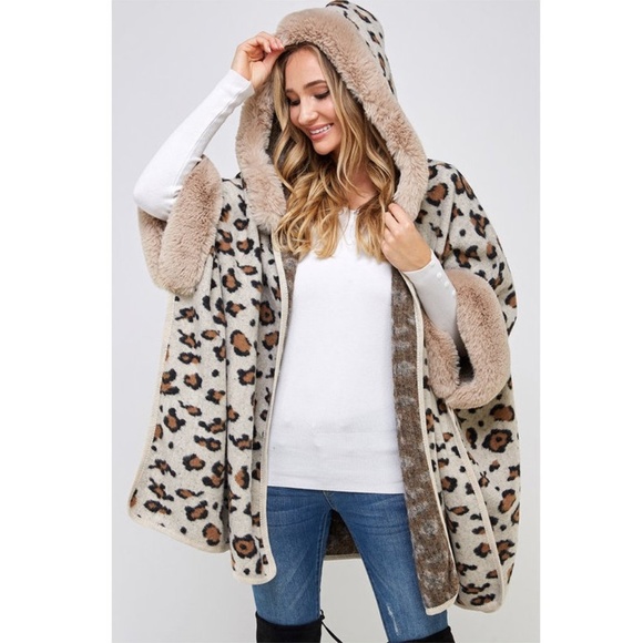 Jackets & Blazers - Animal Leopard Print Faux Fur Hooded Knit Poncho Cardigan Sweater Coat Jacket